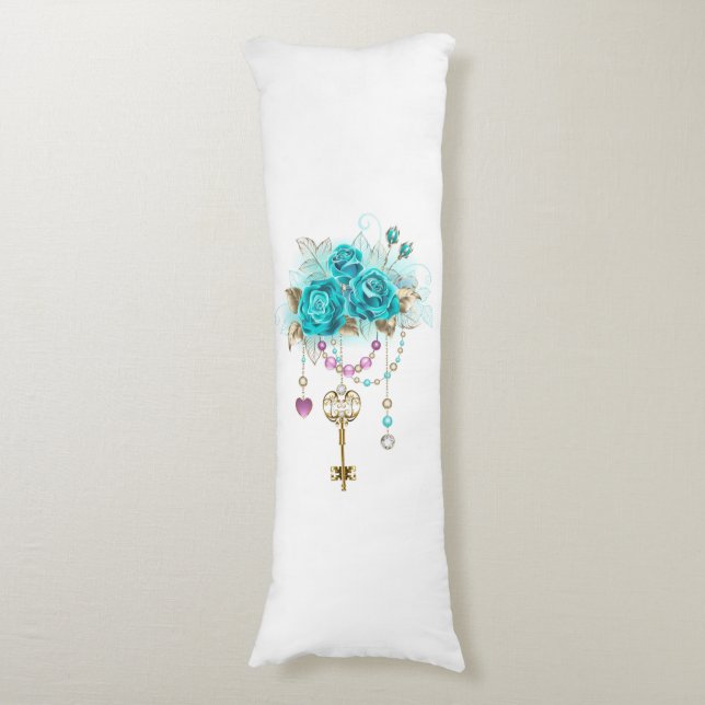 Turquoise Roses with Keys Body Pillow (Front Vertical)