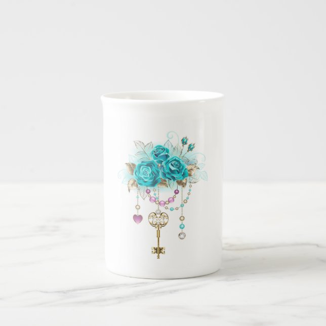 Turquoise Roses with Keys Bone China Mug (Front)