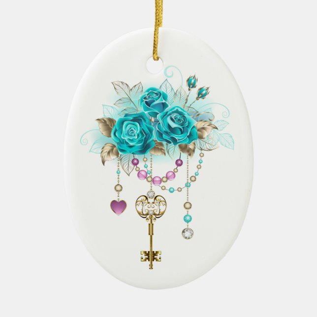 Turquoise Roses with Keys Ceramic Ornament (Front)