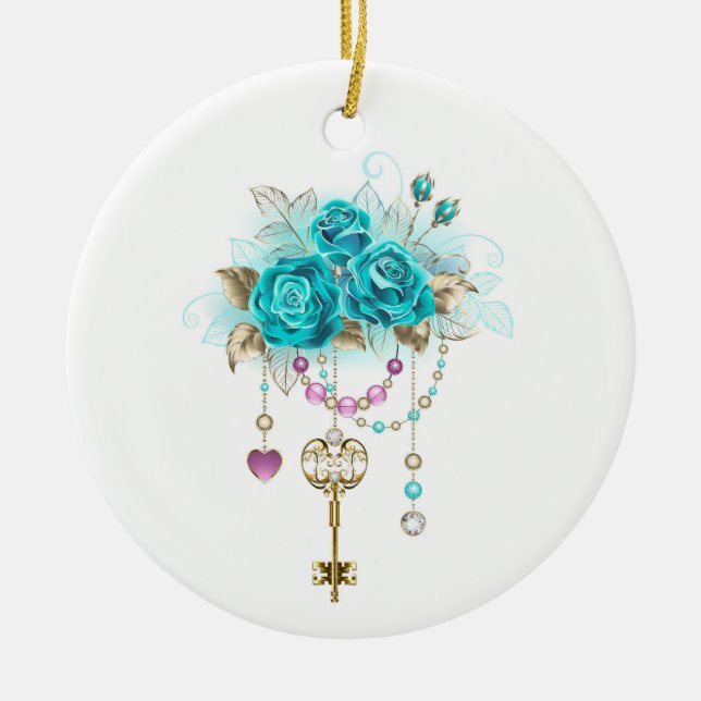 Turquoise Roses with Keys Ceramic Ornament (Front)