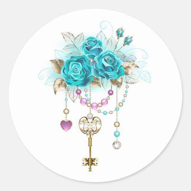 Turquoise Roses with Keys Classic Round Sticker (Front)