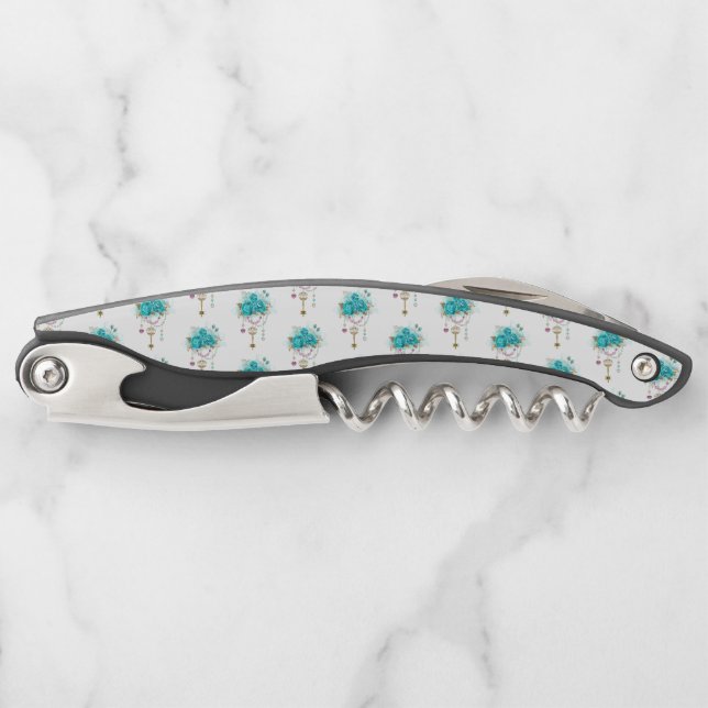 Turquoise Roses with Keys Corkscrew (Front)