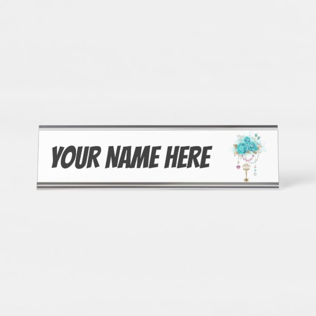 Turquoise Roses with Keys Desk Name Plate (Front)