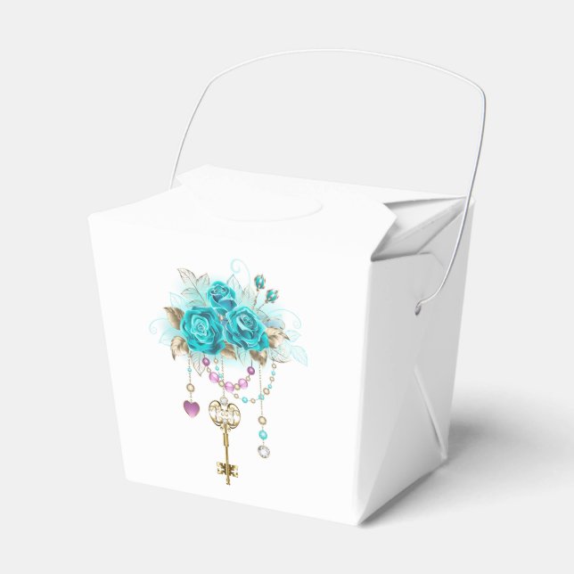 Turquoise Roses with Keys Favor Box (Front Side)