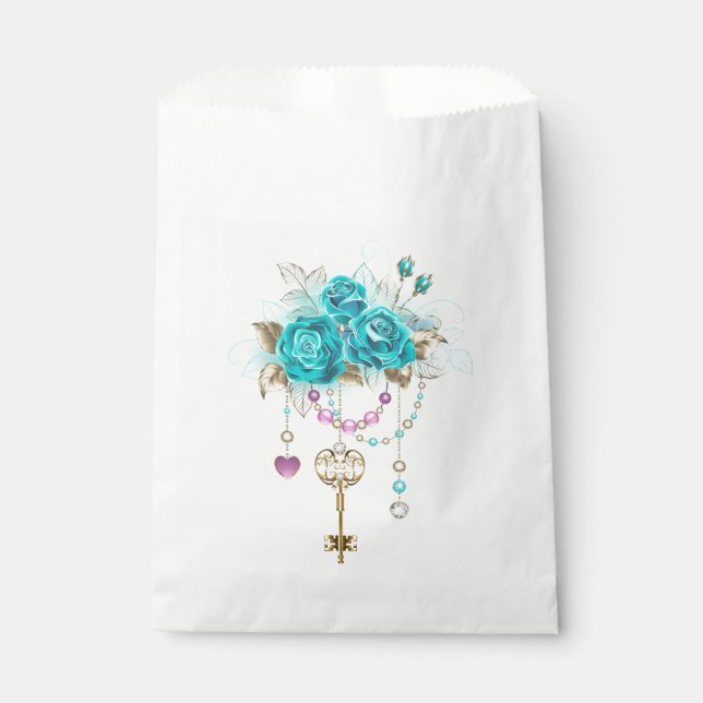 Turquoise Roses with Keys Favour Bag (Front)