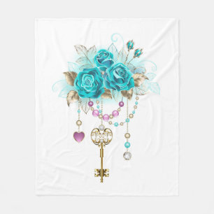 Turquoise Roses with Keys Fleece Blanket