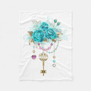 Turquoise Roses with Keys Fleece Blanket