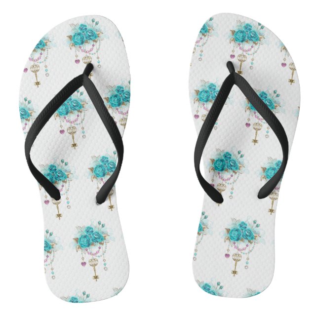 Turquoise Roses with Keys Flip Flops (Footbed)