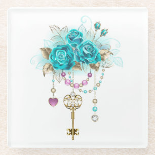 Turquoise Roses with Keys Glass Coaster