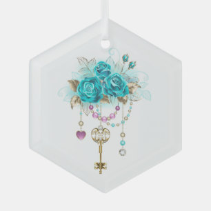 Turquoise Roses with Keys Glass Ornament
