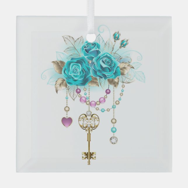 Turquoise Roses with Keys Glass Ornament (Front)