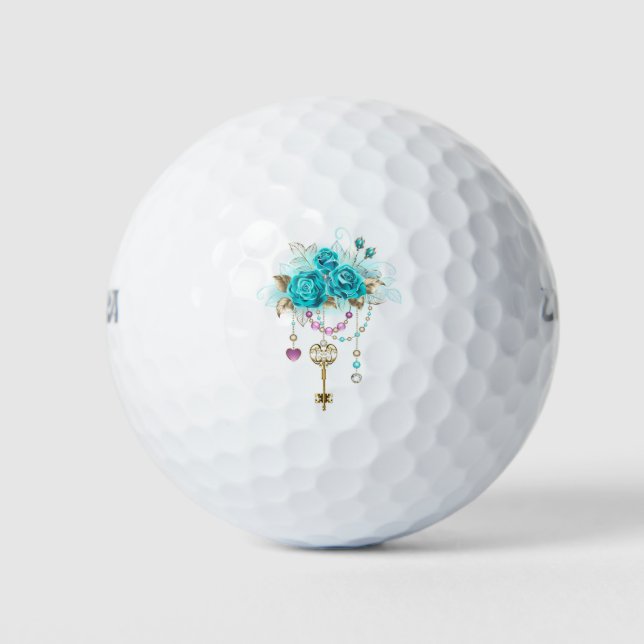 Turquoise Roses with Keys Golf Balls (Front)
