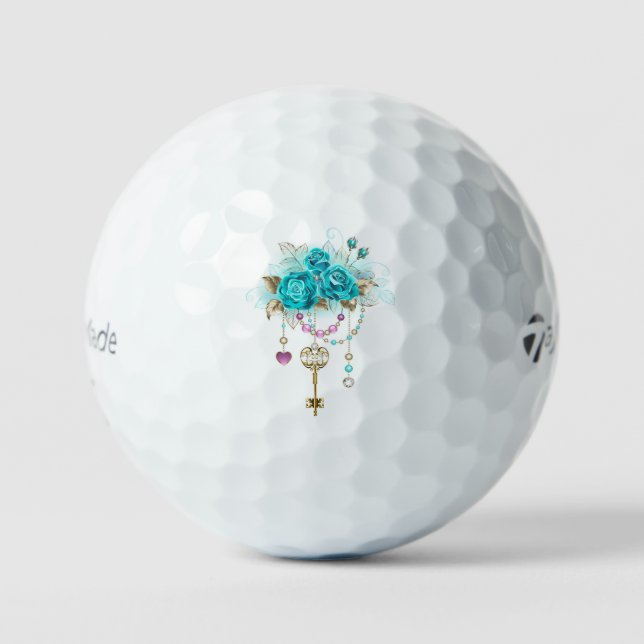 Turquoise Roses with Keys Golf Balls (Front)