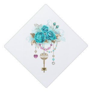Turquoise Roses with Keys Graduation Cap Topper