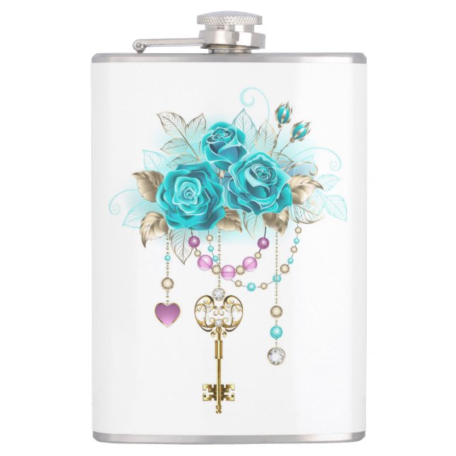 Turquoise Roses with Keys Hip Flask (Front)