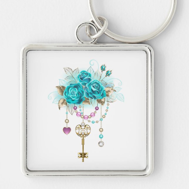 Turquoise Roses with Keys Keychain (Front)