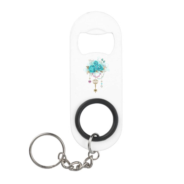 Turquoise Roses with Keys Keychain Bottle Opener (Front)