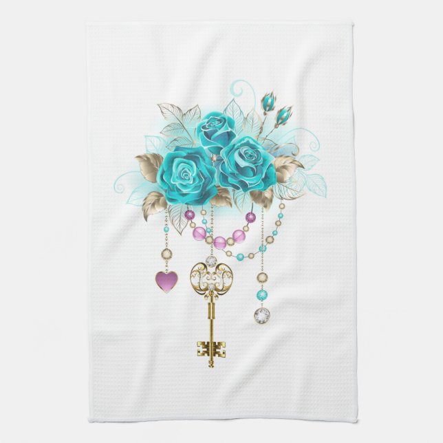 Turquoise Roses with Keys Kitchen Towel (Vertical)