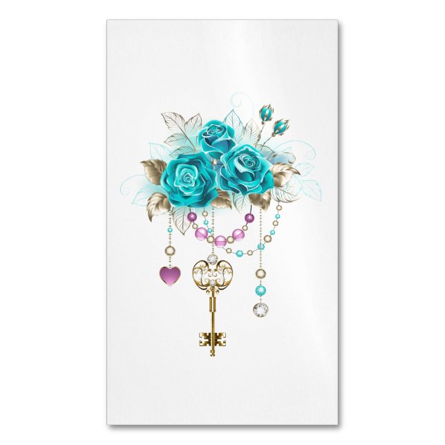 Turquoise Roses with Keys Magnetic Business Card (Front Vertical)