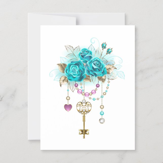 Turquoise Roses with Keys Magnetic Invitation (Front)