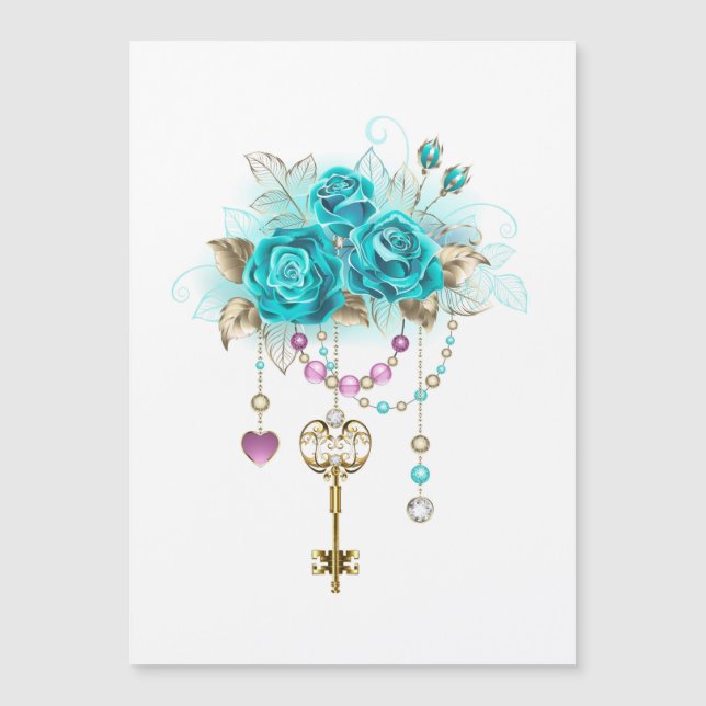 Turquoise Roses with Keys Magnetic Invitation (Front)