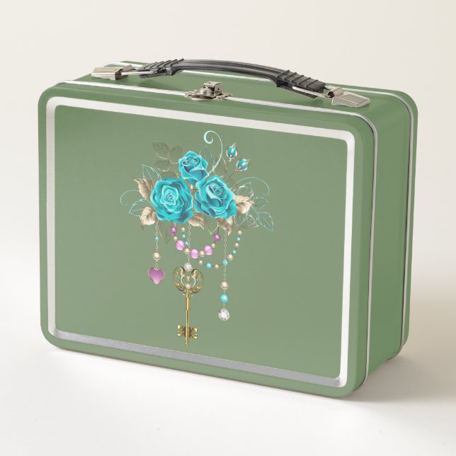 Turquoise Roses with Keys Metal Lunch Box (Front)