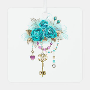 Turquoise Roses with Keys Metal Ornament