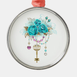 Turquoise Roses with Keys Metal Ornament
