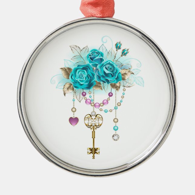Turquoise Roses with Keys Metal Ornament (Front)