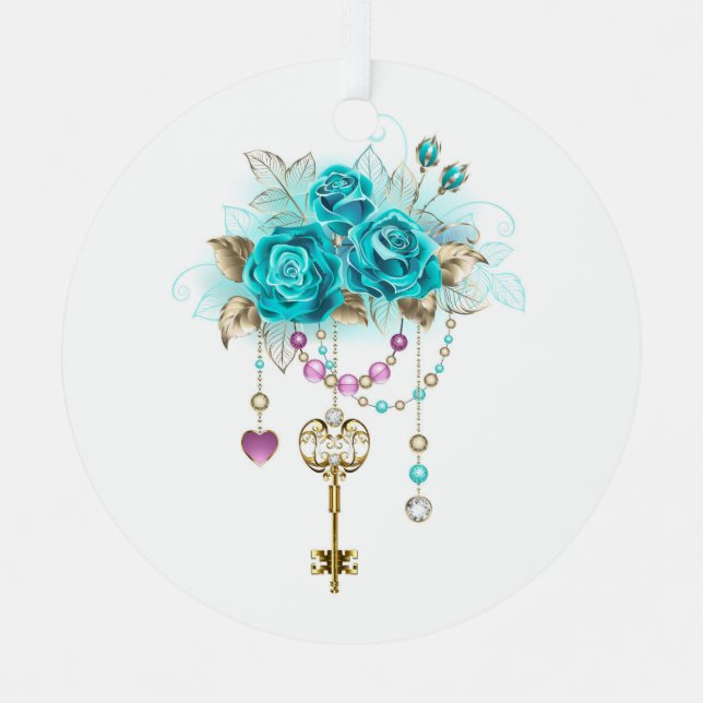 Turquoise Roses with Keys Metal Ornament (Front)