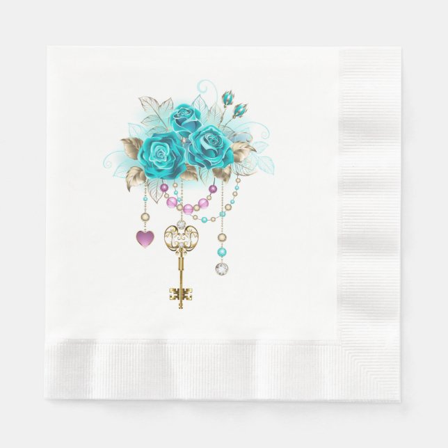 Turquoise Roses with Keys Napkin (Front)