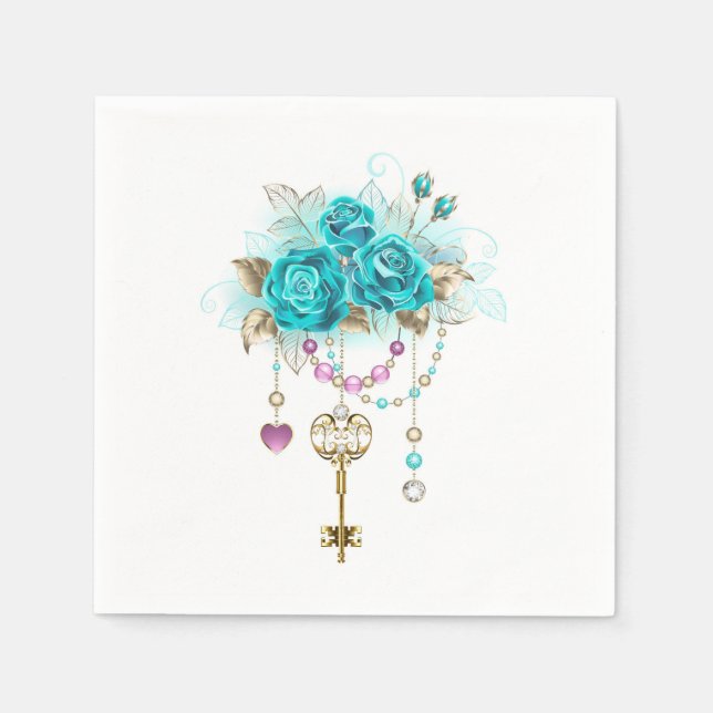 Turquoise Roses with Keys Napkin (Front)