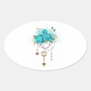 Turquoise Roses with Keys Oval Sticker