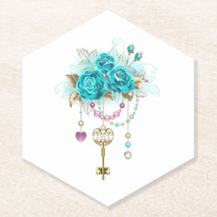 Turquoise Roses with Keys Paper Coaster