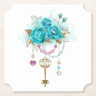 Turquoise Roses with Keys Paper Coaster