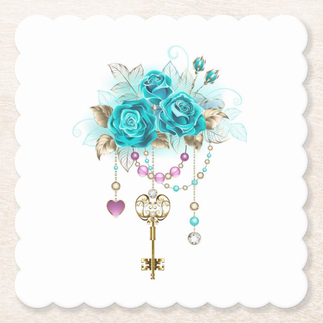 Turquoise Roses with Keys Paper Coaster (Front)
