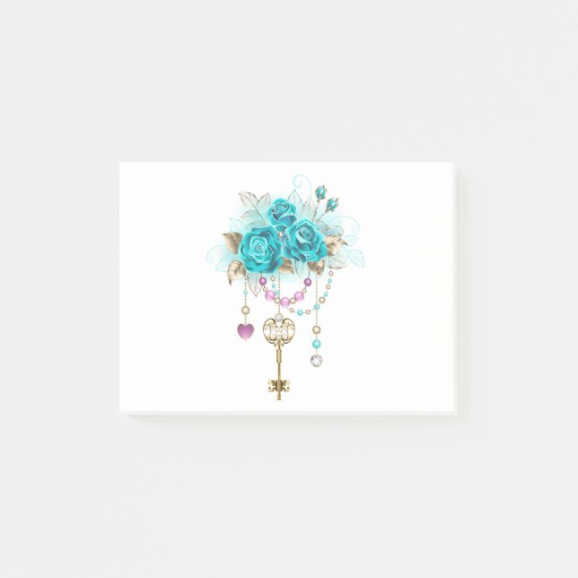Turquoise Roses with Keys Post-it Notes (Front)