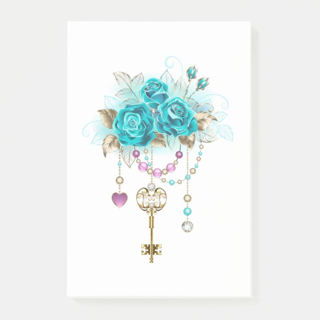 Turquoise Roses with Keys Post-it Notes (Front)