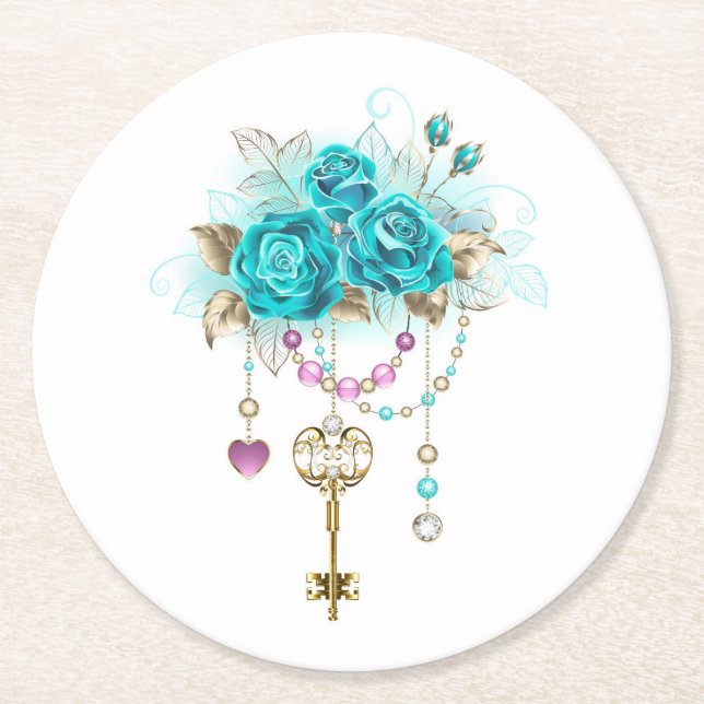 Turquoise Roses with Keys Round Paper Coaster (Front)