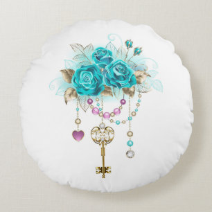 Turquoise Roses with Keys Round Pillow