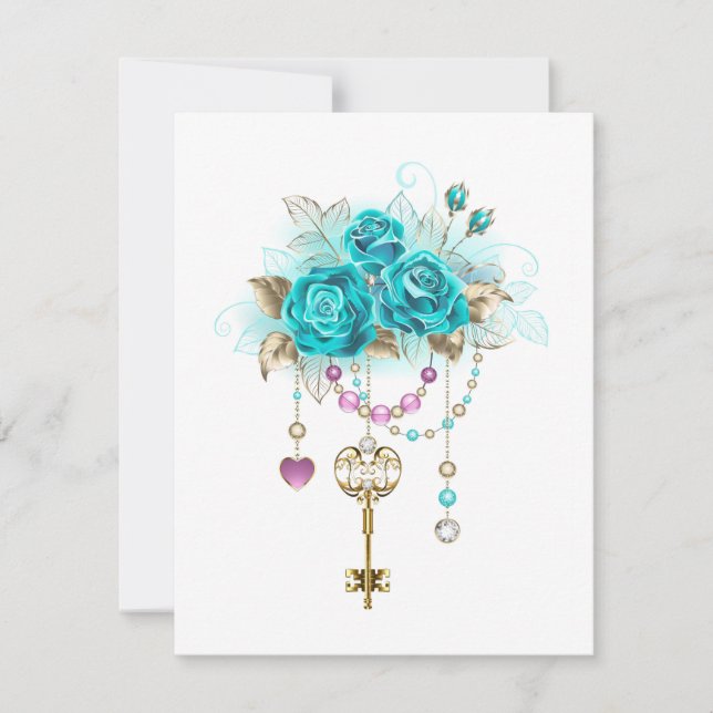 Turquoise Roses with Keys RSVP Card (Front)