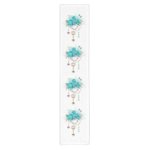 Turquoise Roses with Keys Short Table Runner