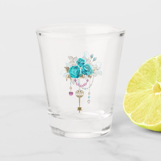 Turquoise Roses with Keys Shot Glass (Front)