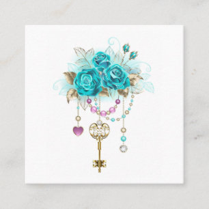 Turquoise Roses with Keys Square Business Card