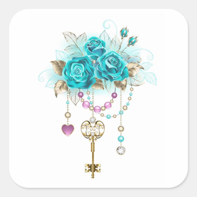Turquoise Roses with Keys Square Sticker (Front)
