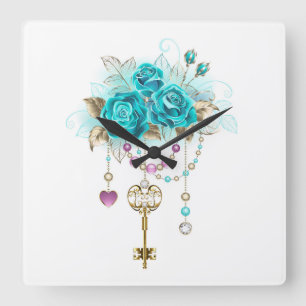 Turquoise Roses with Keys Square Wall Clock