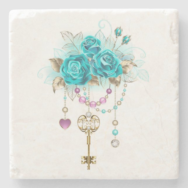 Turquoise Roses with Keys Stone Coaster (Front)