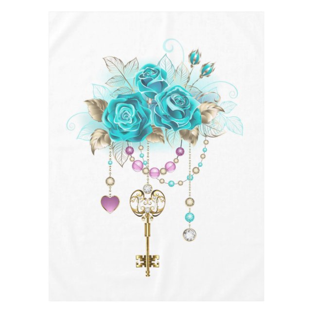 Turquoise Roses with Keys Tablecloth (Front)