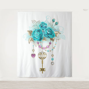 Turquoise Roses with Keys Tapestry