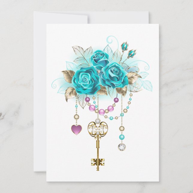 Turquoise Roses with Keys Thank You Card (Front)